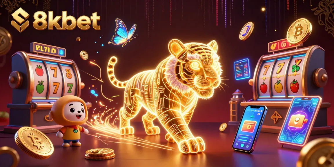 Experience thrilling 8kbet gameplay with a vibrant digital casino scene featuring neon characters and slots.