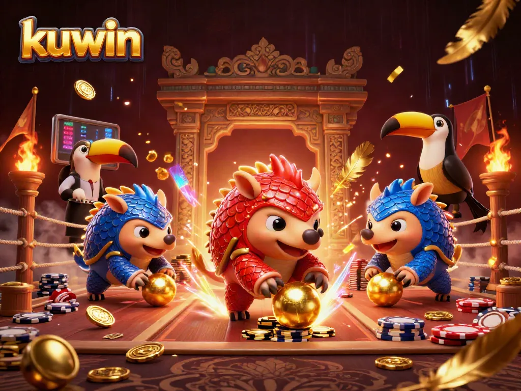 kuwin pangolins compete in a vibrant casino environment, rolling golden balls and chips.