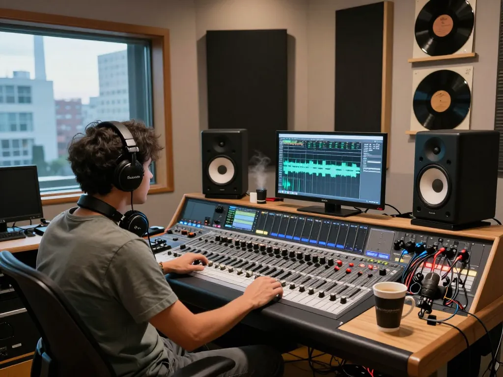 Audio engineer using DA88 in a modern recording studio, mixing tracks with vintage aesthetic.