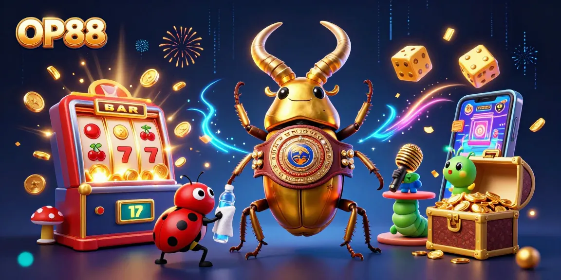 Engage with OP88's thrilling jackpot scene featuring a golden beetle champion amidst vibrant casino action.