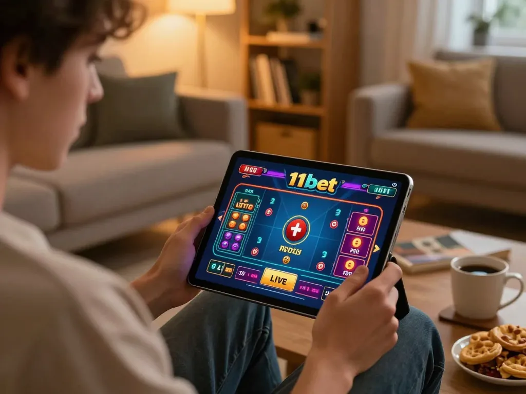 Player engaging with live casino games on 11bet with snacks and coffee nearby