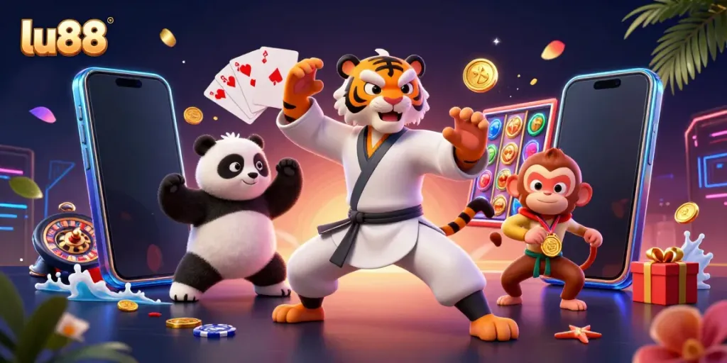 Experience thrilling gameplay at lu88 with a vibrant scene of characters and dynamic casino elements.