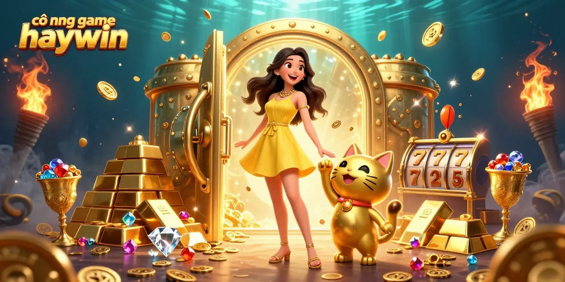 Experience the vibrant cổng game haywin with a cheerful Asian woman and lucky cat mascot amidst gold treasures and gaming symbols.