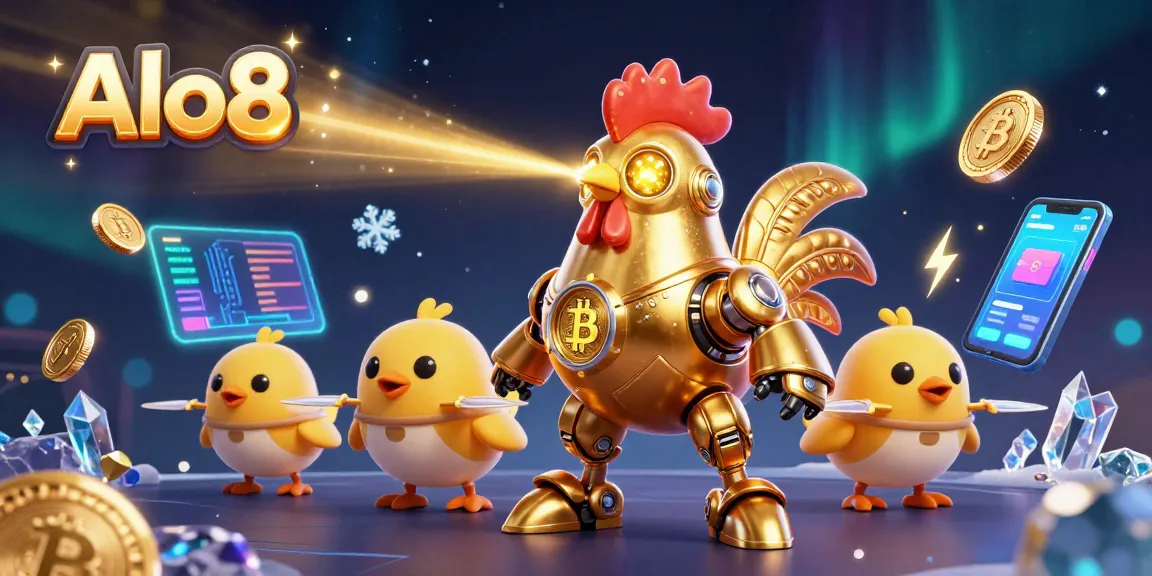 Alo8 offers a vibrant 3D scene showcasing an engaging golden rooster robot in a casino, signaling excitement for online betting.