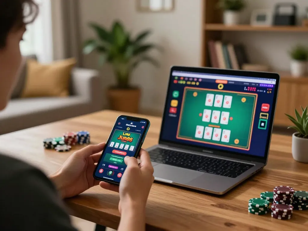 The Link Jun88 mobile app displayed on a smartphone, showcasing dynamic online gaming experience in a cozy home setting.