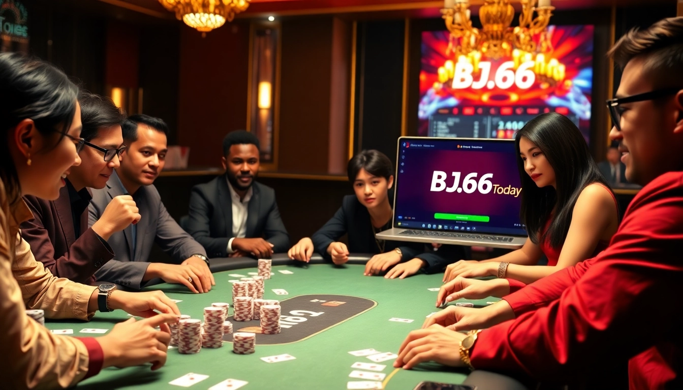 Engaging poker players at a BJ66 today casino table showcasing excitement and luxury.