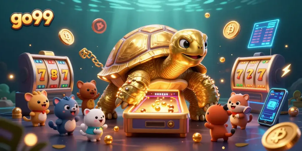 Experience the excitement of go99 casino with golden tortoise pinball amidst lively gaming elements.