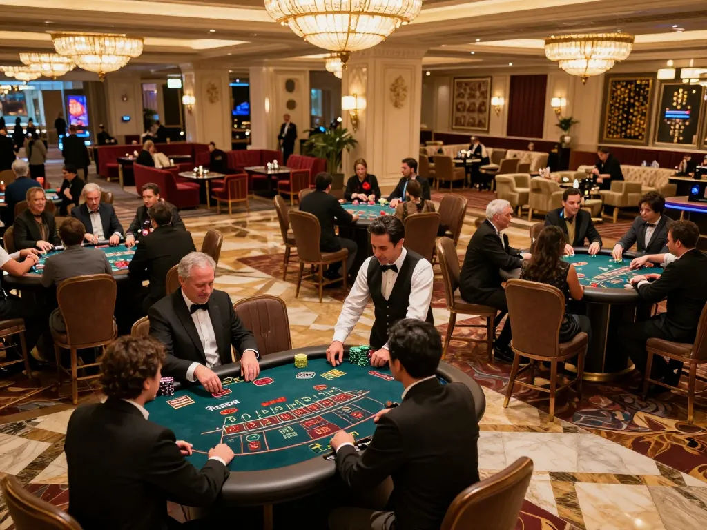 Players enjoying strategic gameplay at 888now's luxurious casino tables, immersed in dynamic gaming action.