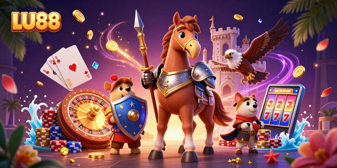 LU88 showcases an exciting scene of gambling adventure with a knight, puppy, and falcon amidst spinning reels and sparkling treasures.