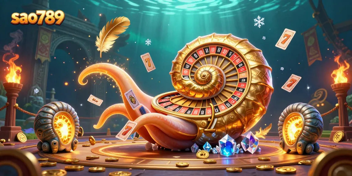 Sao789 immersive casino scene featuring a giant nautilus as a roulette wheel surrounded by slot reels and vibrant gold elements.