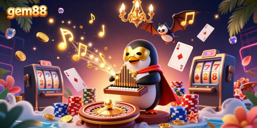 Experience winning moments with gem88, featuring a penguin playing a golden organ surrounded by casino elements.