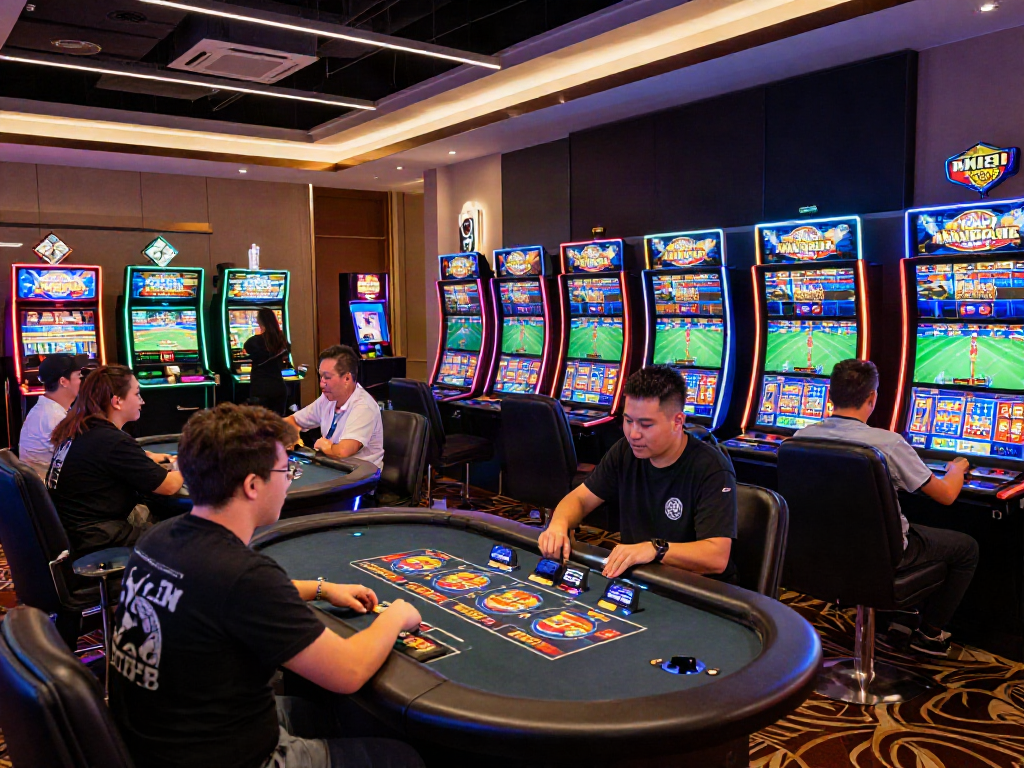 Exciting gaming atmosphere at https://man88pro.com/ with live dealers and vibrant slot machines.