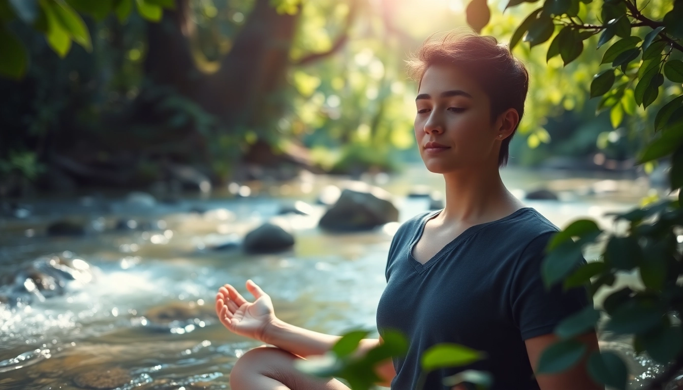 Calm individual meditating to ease stress and anxiety in nature's tranquility.