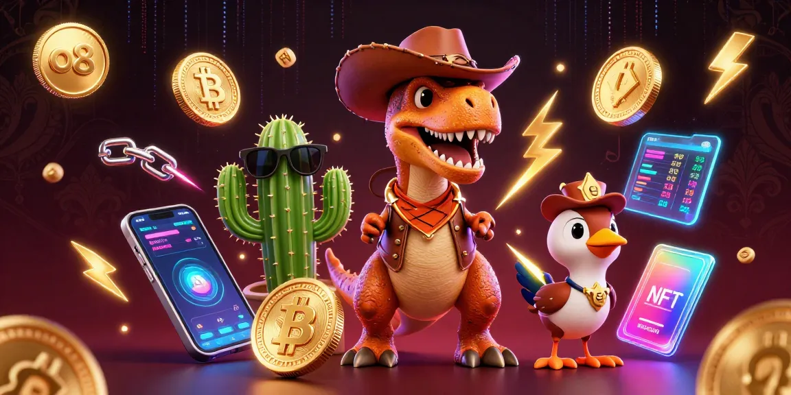 Spin and win with o8's vibrant casino scene featuring T-Rex and friends among crypto coins.