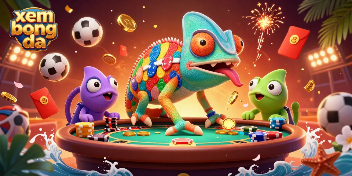 Xem bong da through an energetic illustration of a colorful chameleon casino owner amidst sports betting elements.