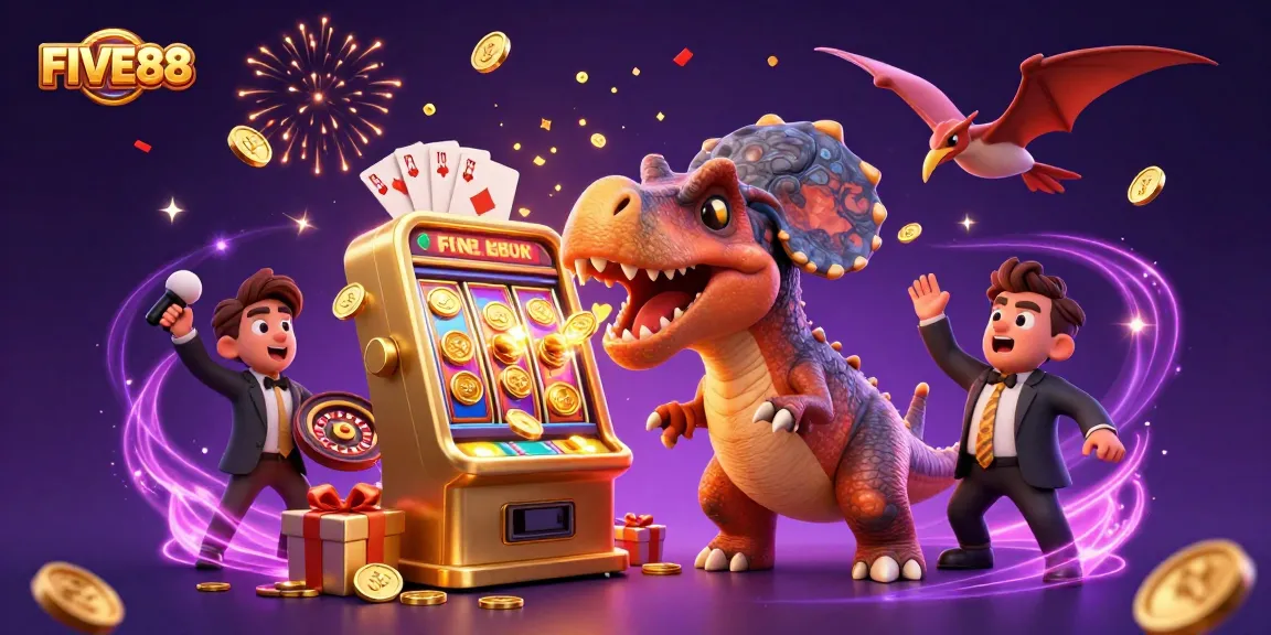 FIVE88 vibrantly brings luck with cartoon dinosaurs, golden coins, and festive casino elements.