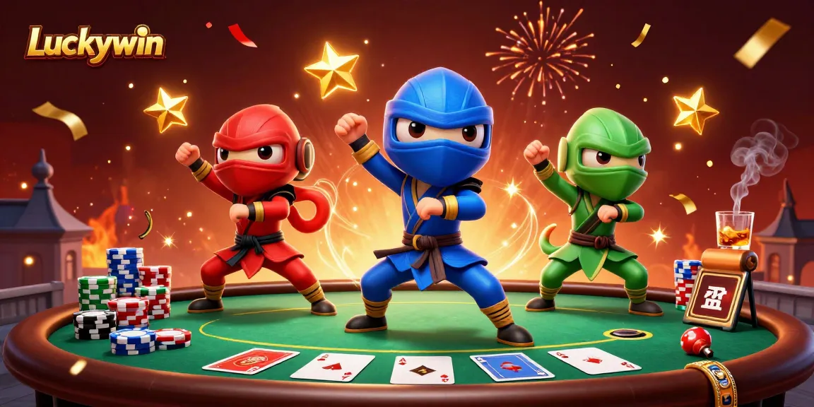 Luckywin engages players with vibrant poker action and ninja chameleons in dynamic poses.