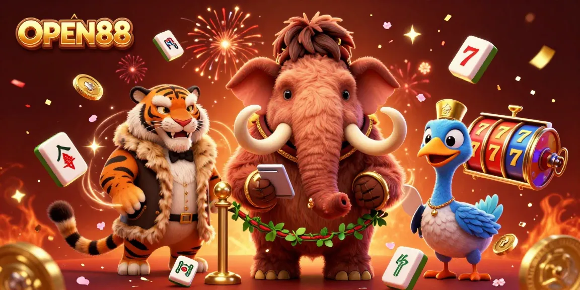 Engage with exciting gaming at OPEN88, featuring a mammoth bouncer and VIP guests in a lively casino scene.