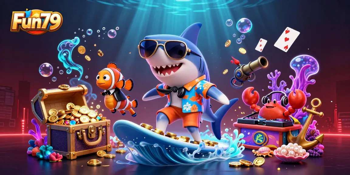 Join the Fun79 underwater adventure as the hammer-head shark surfs gold coins in a vibrant casino world!