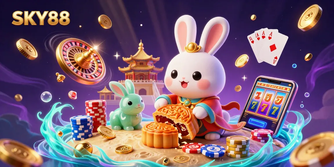 Experience the magic of SKY88 with a whimsical scene featuring a moon rabbit and poker chips in a vibrant casino illustration.