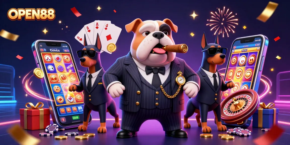 Play with thrilling casino games at OPEN88 while enjoying a lively 3D illustration of a mafia boss and bodyguards.