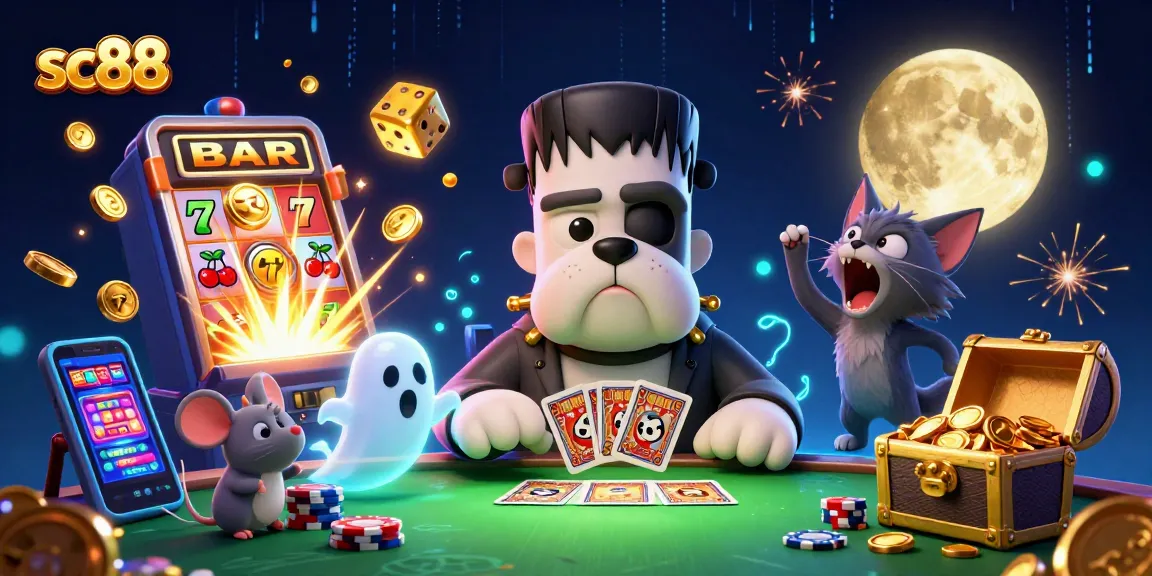 Join the fun at sc88 with a Frankenstein bulldog dealer and winning slots in a ghostly casino scene.
