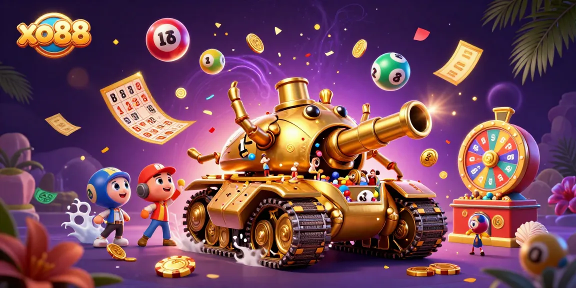 Immerse yourself in the excitement of xo88, featuring animated lottery balls and a vibrant casino scene.